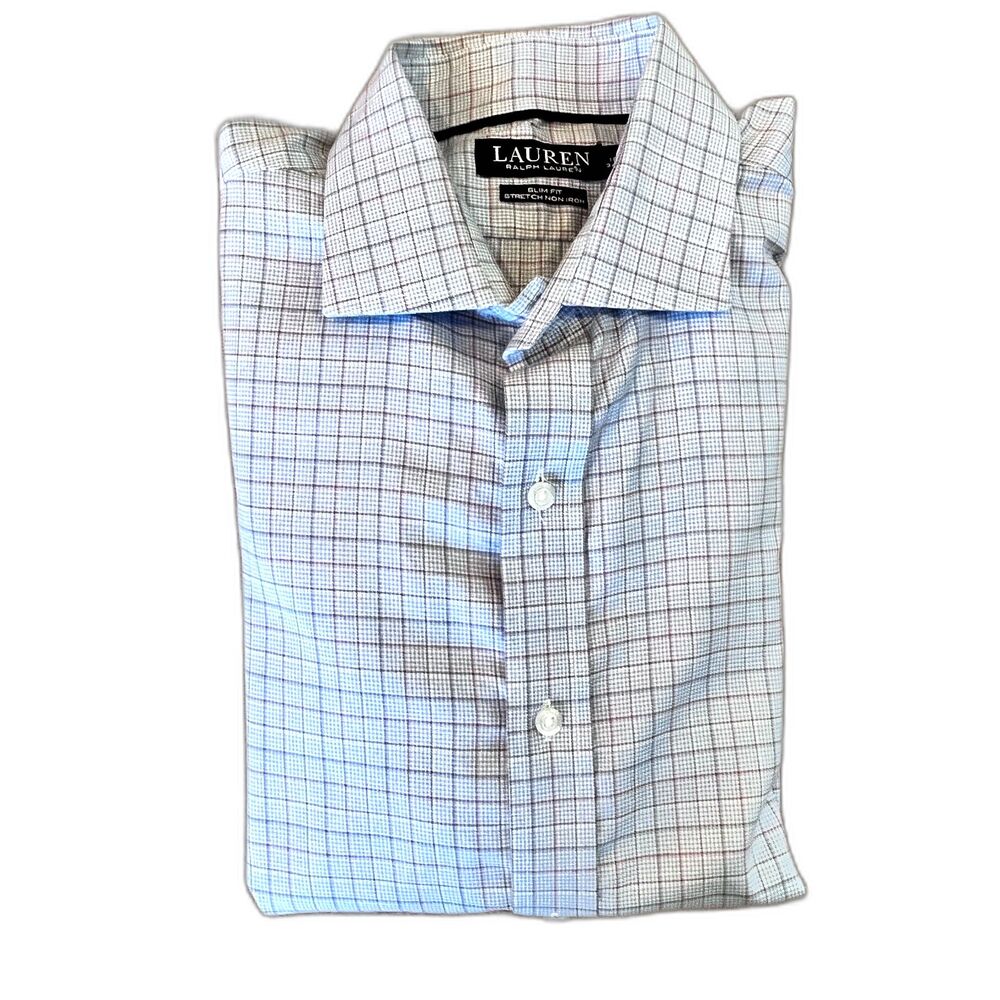 Lauren Ralph Lauren Blue White Houndstooth Plaid Dress Shirt 16.5 34/35